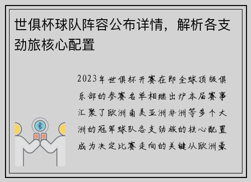 世俱杯球队阵容公布详情，解析各支劲旅核心配置