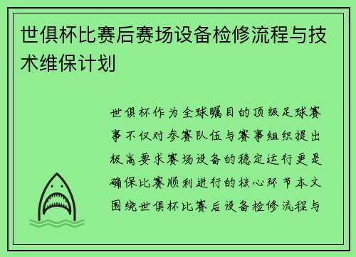 世俱杯比赛后赛场设备检修流程与技术维保计划