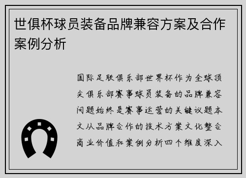 世俱杯球员装备品牌兼容方案及合作案例分析